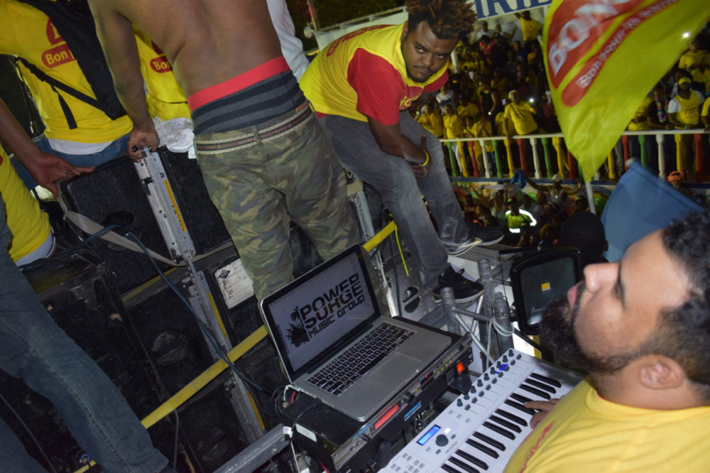 Serge Turnier is playing keyboards. He lives in Florida, and because this float was organized at the very last minute he got the call to come down just two days before carnival started.