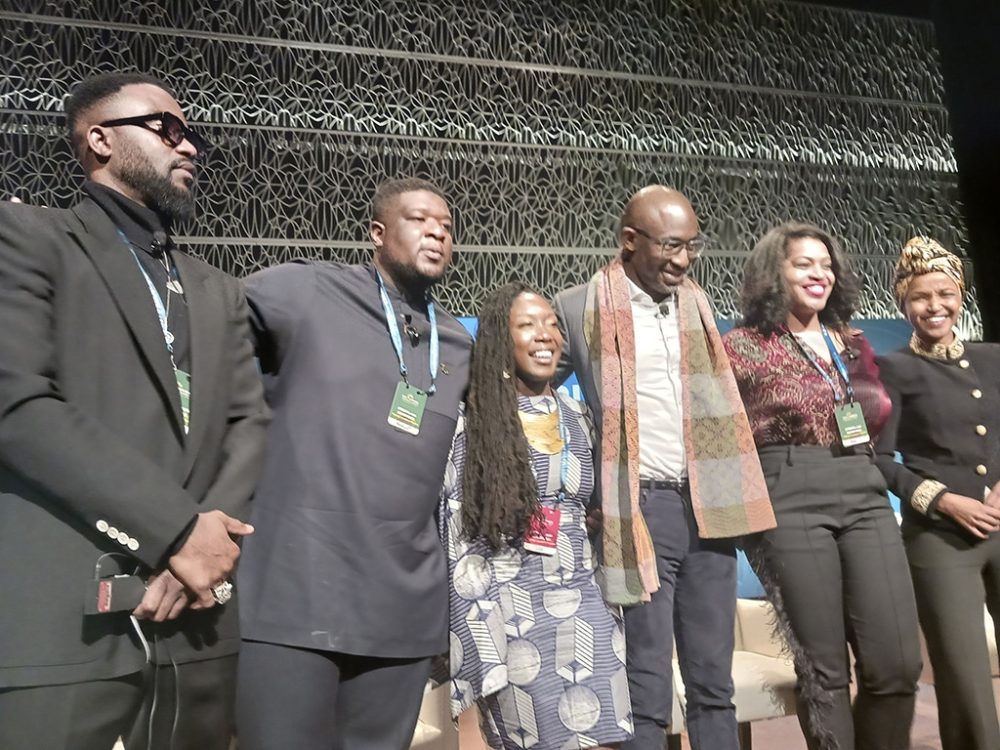 Fally Ipupa (far left), Abdul Abdullah, CEO of Afrocella Festival in Ghana (2nd from left), Uzodinma Iweala, New York City's Africa Center CEO (third from right)