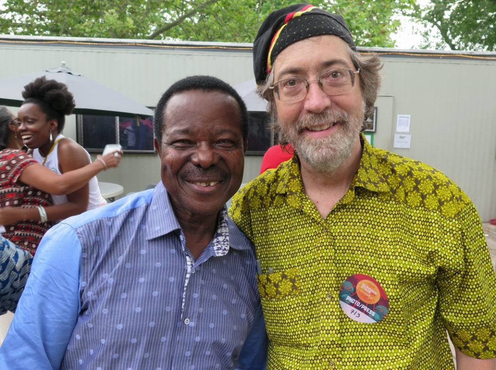 King Sunny Ade and Afropop's Sean Barlow at KSA's Central Park SummerStage concert. Photo by Banning Eyre