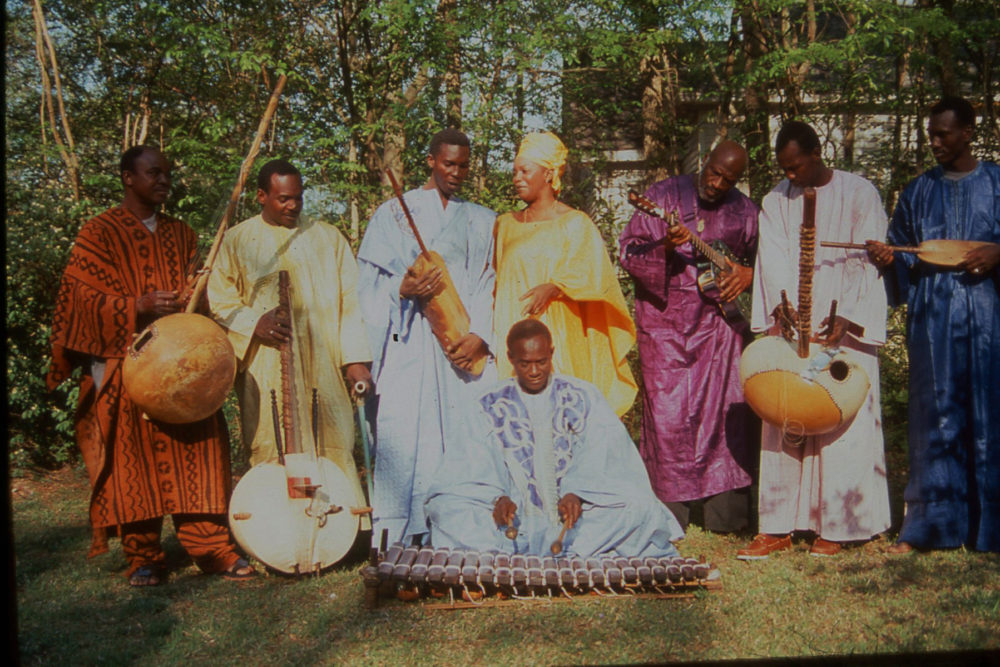 Kasse Mady at the recording of Kulanjan by Taj Mahal snd Toumani Diabaté. He's on balafon here. (Eyre 2000)