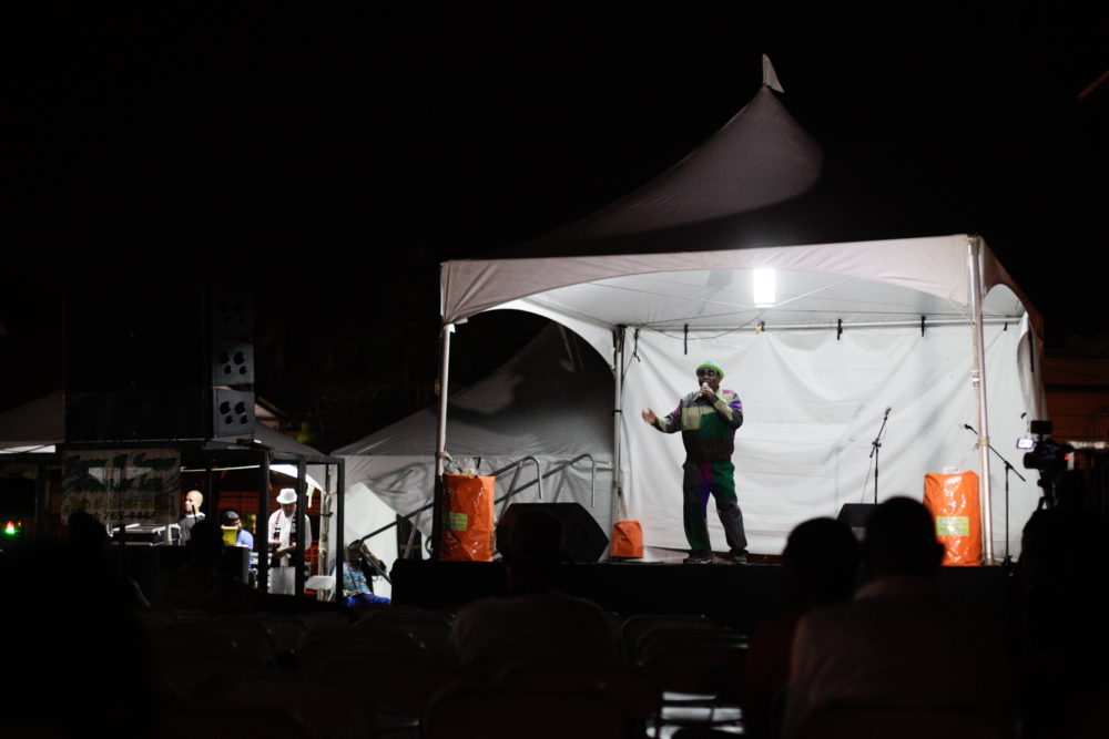 A calypsonian on stage at the Klassic Ruso calypso tent