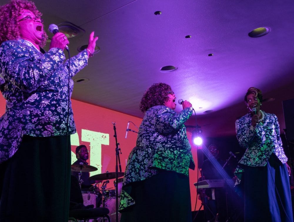 In the hall's lobby, the Legendary Ingramettes kicked off the night with a rousing and rowdy gospel set. Backed by a guitar-based combo, these three ladies delivered full force, in-your-face spiritual fire.