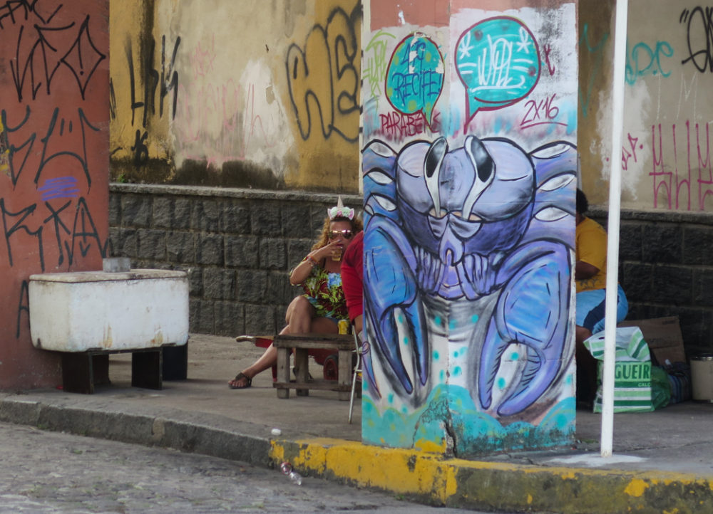 The crab, happy in all those mangroves, is a symbol of the manguebeat movement.