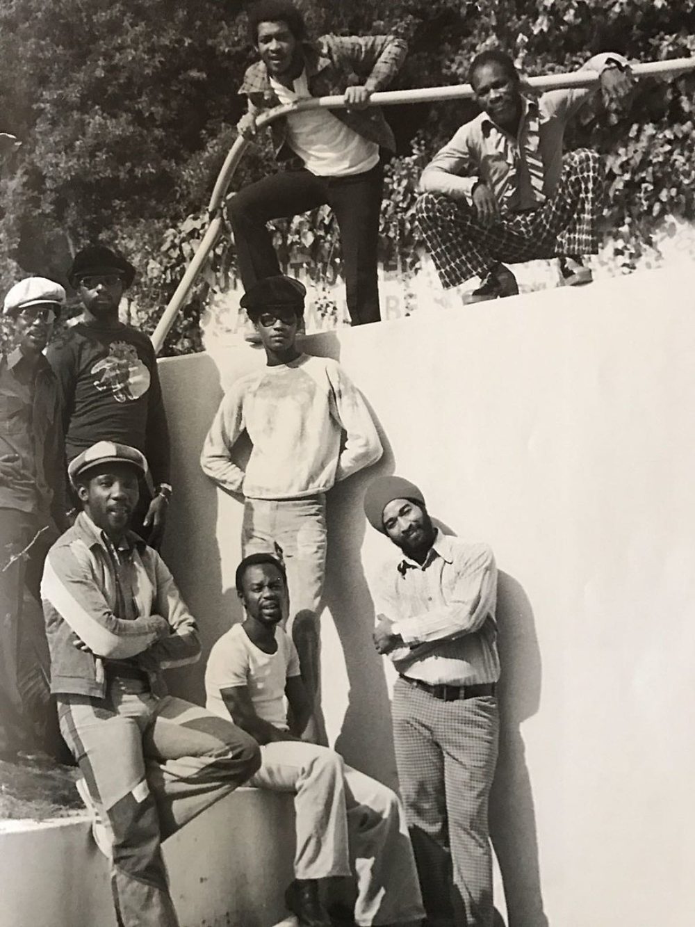 Toots and the Maytals circa 1976. Top row: Paul Douglas, Raleigh Gordon. Middle row: Jerry Mathias, Jackie Jackson, Radcliffe "Dougie" Bryan. Bottom row: Toots Hibbert, Hux Brown, Ansel Collins.