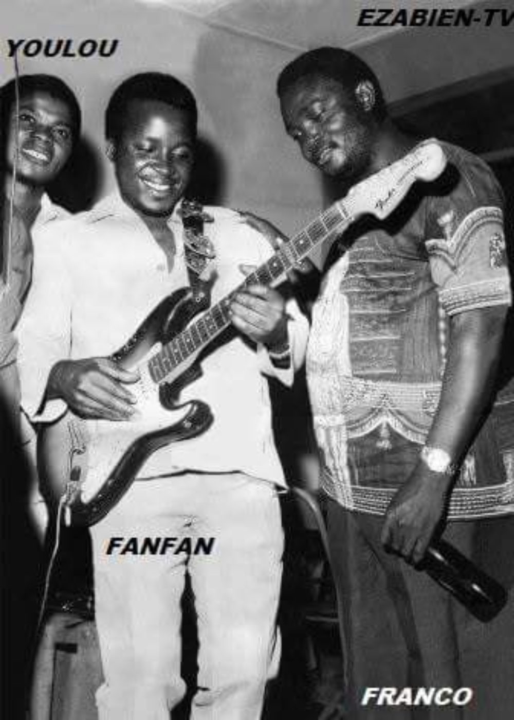 Mose Fan Fan, with Luambo Franco (right), and Youlou Mabiala, left.