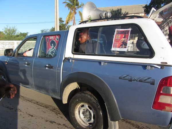 Julien Mallet's truck, rigged up to promote Damily's concert (Eyre 2014)