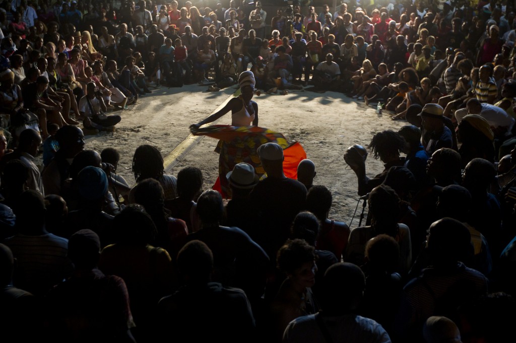 Anais Cheleux dancing to gwoka drummers at a Lewoz at the Gwoka Festival.