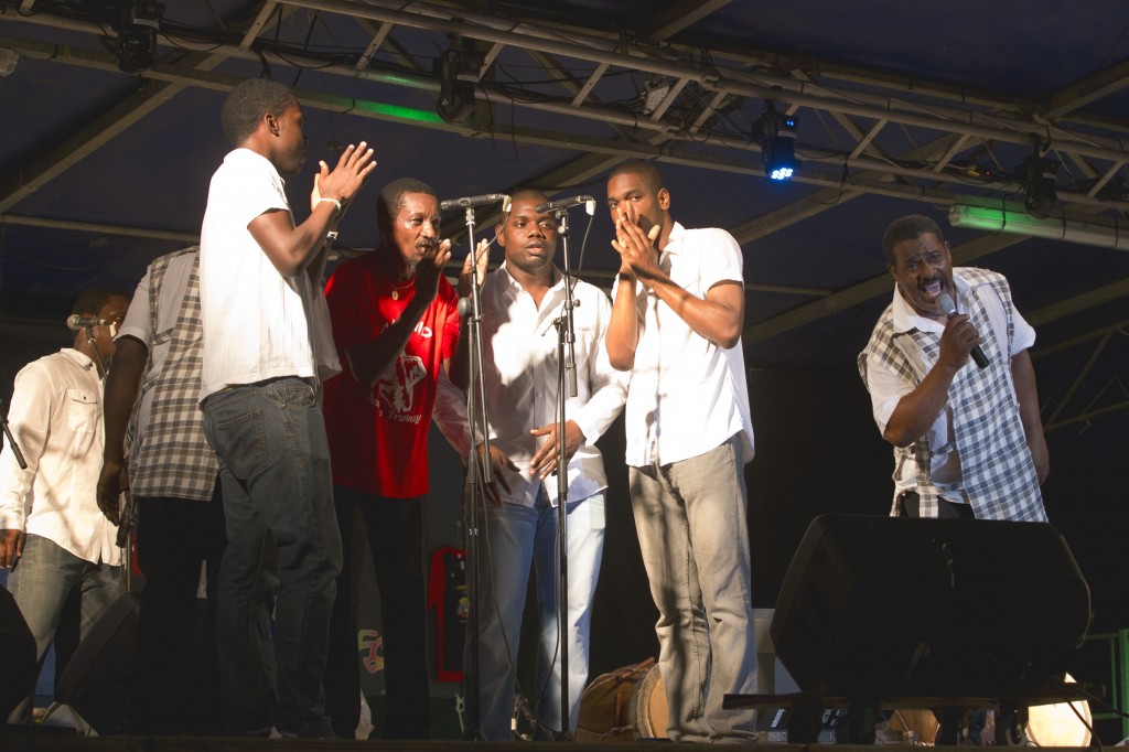 Kan'nida performing a bouladjel song with Rene Geoffroy, right, doing lead vocals at the Gwoka Festival, Ste. Anne, Guadeloupe. hoto William Farrington