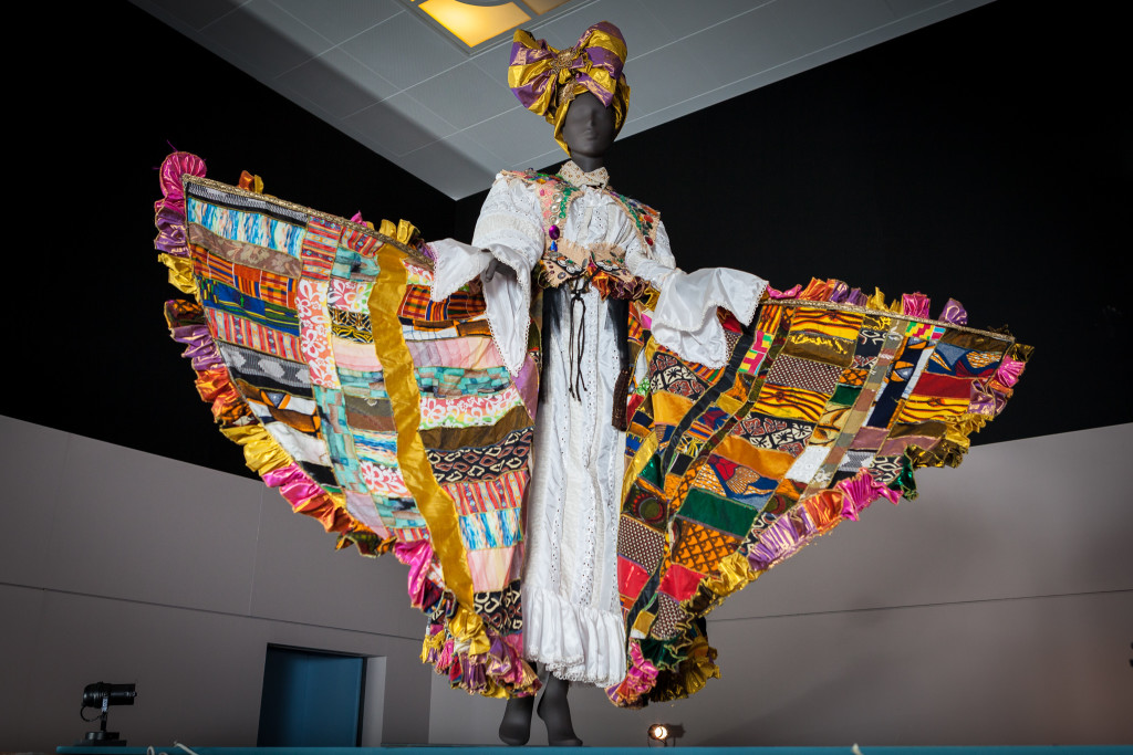 Carnival costume designed by Ray Mahabir of Sunshine International Arts in 2015, based on Bele or Bel Air, a drum dance and song closely linked to Caribbean history, struggle, freedom and celebration. On display in West Africa: Word, Symbol, Song, photographed by Toby Keane