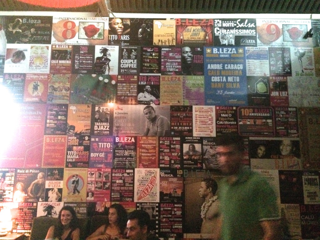 Posters from past shows line the walls at B.Leza, a legendary african club in Lisbon.