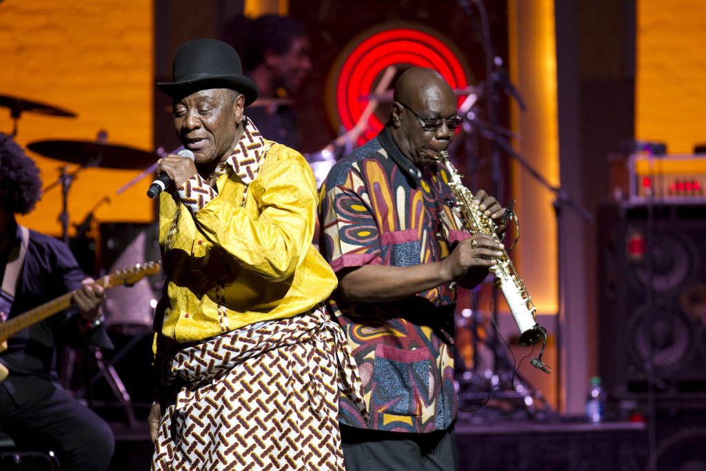 Manu Dibango on soprano sax with special guest vocalist Salle Jean performing at the Apollo Theater 'Je Suis Soul' concert, in Harlem saturday, December 5th 2015. photo William Farrington