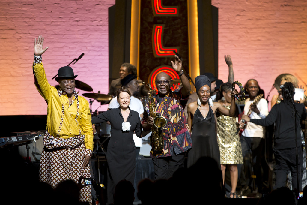 (L-R) Salle Jean, Isabel Gonzalez, Manu Dibango and Valerie Belinga acknowledge the audience after they performed at the Apollo Theater in Harlem for the first time since 1973 at the Je Suis Soul! A Salute to African Soul and Jazz, saturday December 5th 2015. photo William Farrington