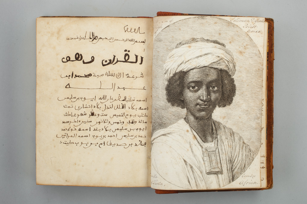 A qu’ran written by Ayuba Suleiman Diallo featuring his portrait, 1734.