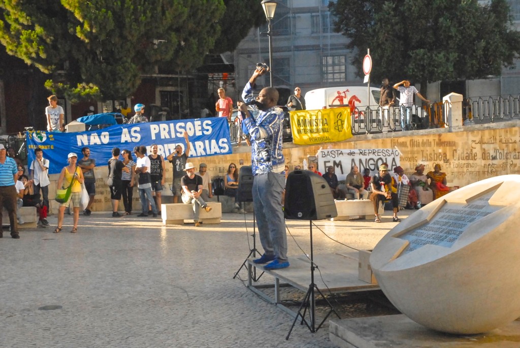 Speakers at a protest against the government of Angola.