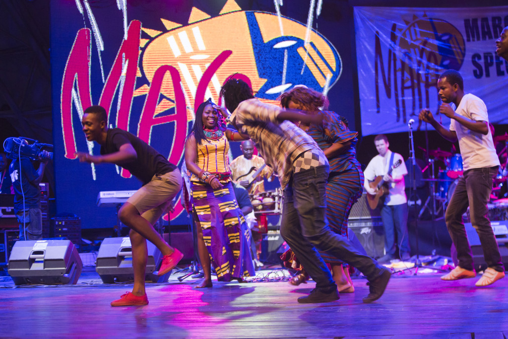 Awa Sangho's set concluded with Nan Garaba a song adressed to the youth and waved deleriously happy dancers to the stage. photo William Farrington