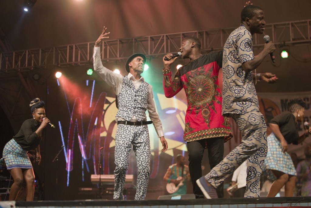 (L-R) Damilola Williams vocals, Ade Bantu, leader and vocalist; Ayomide Martins, lead vocals; Opeyemi Oyewande, trumpet; and Ireoluwa Allen, vocals; and from the 13 member band BANTU performing at MASA friday March 11th. photo William Farrington