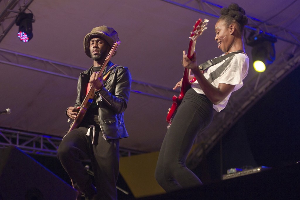 Guitarist Ishmael Levi and bassist Joyah, who along with Jaiden Fleming on drums make up the power roots trio British Dependency from Anguilla in their African debut at MASA. photo William Farrington