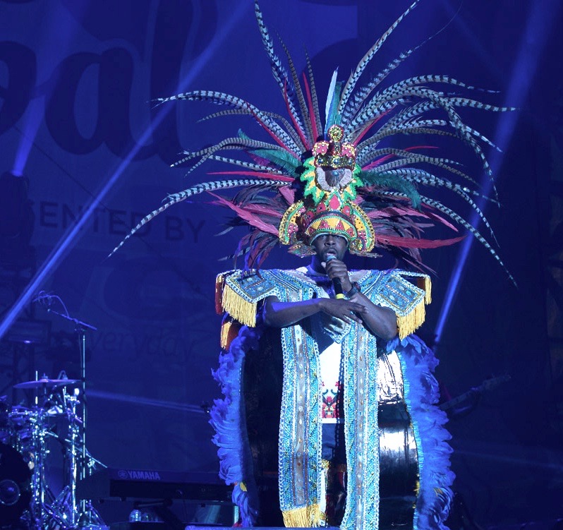 Wyclef Jean performs in traditional Junkanoo costume, as part of the Music Maker concert at the Bahamas Junkanoo Carnival, May 6, 2016 in Nassau, Bahamas.
