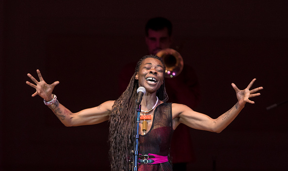 Spanish singer Concha Buika performs with her band at Carnegie Hall, New York, New York, April 26, 2016. Behind her is Santiago Canada Valverde on trombone. (Photo by Jack Vartoogian/Getty Images)