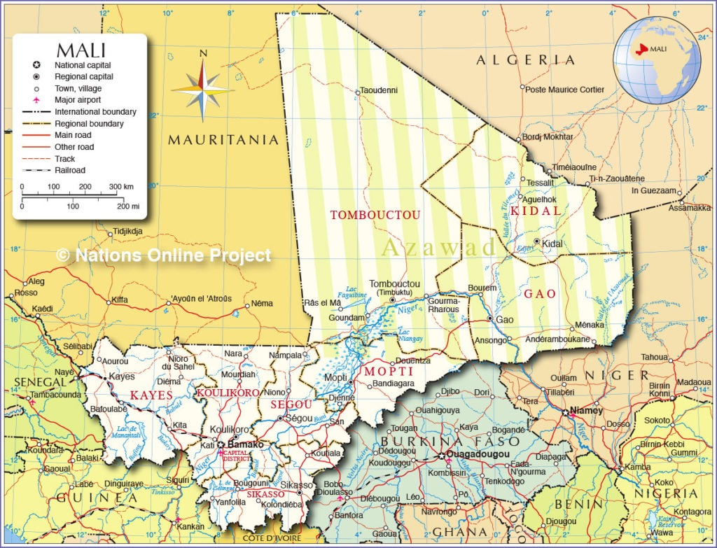 2012 map of Mali, with the briefly independent northern territory of Azawad indicated