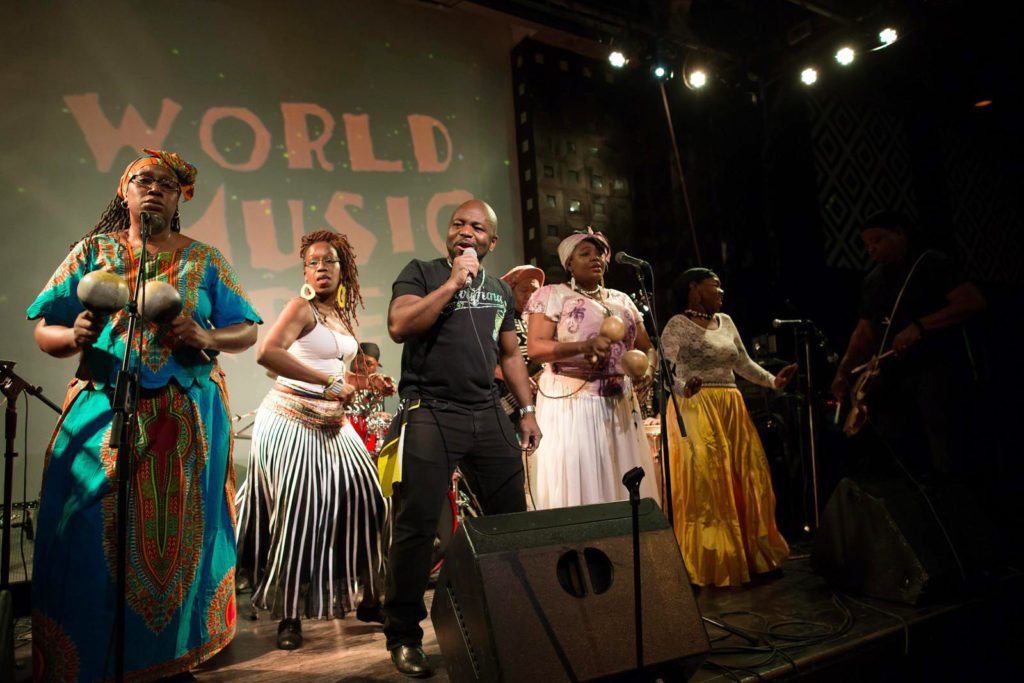 The Garifuna International Band, formed in New York from members drawn from Belize, Honduras and Guatemala featuring Felix Gamboa on lead vocals performing at World Music Firre showcase at SOB's. photo William farrington