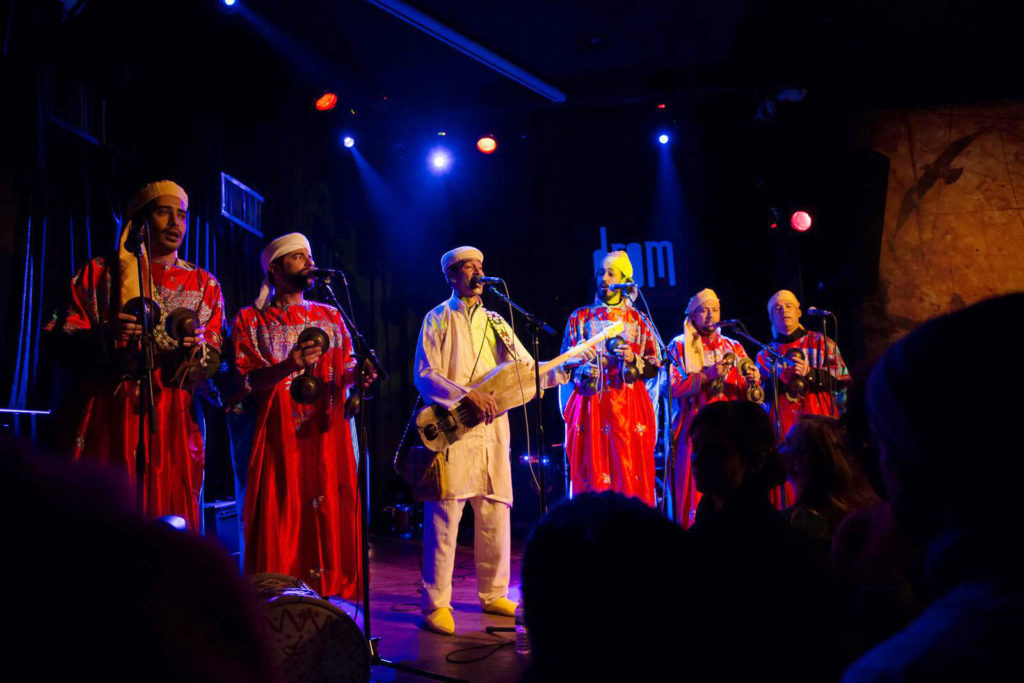 Innov Gnawa, Morrocan Gnawa ensemble led by master Hassan Ben Jaafer, center, now based in Brooklyn, performing at the Barbes/Electirc Cowbell showcase at the Manhattan nightclub Drom. photo William farrington