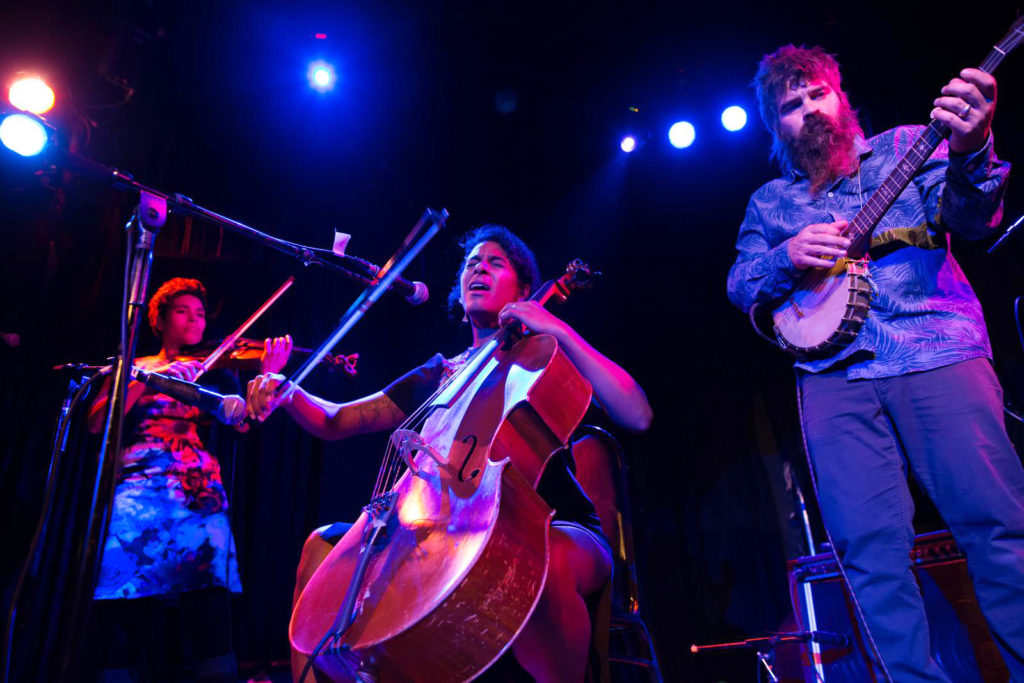 Leyla McCalla, center with Daniel Tremblay, banjo and Free Feral, viola