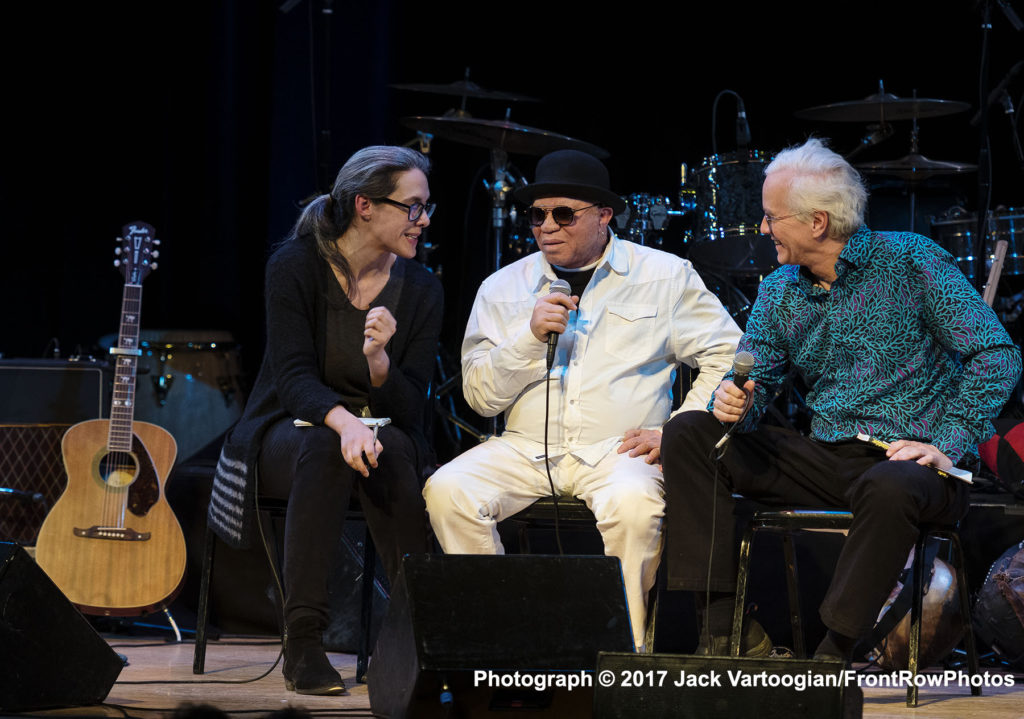 From left: translator Isabelle Dupuis, Malian singer and songwriter Salif Keita, and American musician and World Music journalist Banning Eyre participate in a pre-concert Q&A session at Town Hall, New York, New York, Saturday, April 1, 2017. CREDIT: Photograph © 2017 Jack Vartoogian/FrontRowPhotos. ALL RIGHTS RESERVED.